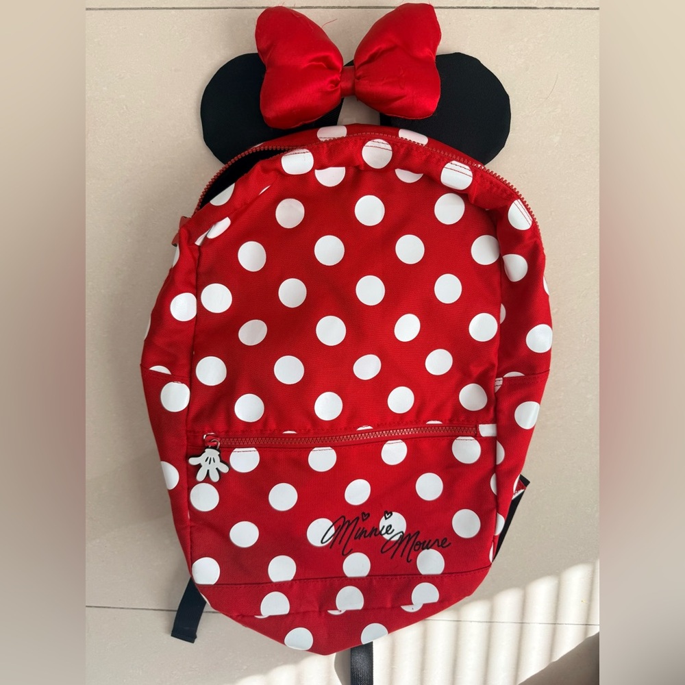 Disney Parks Minnie Mouse Red Polka Dot Backpack Ears Bow Front Pocket